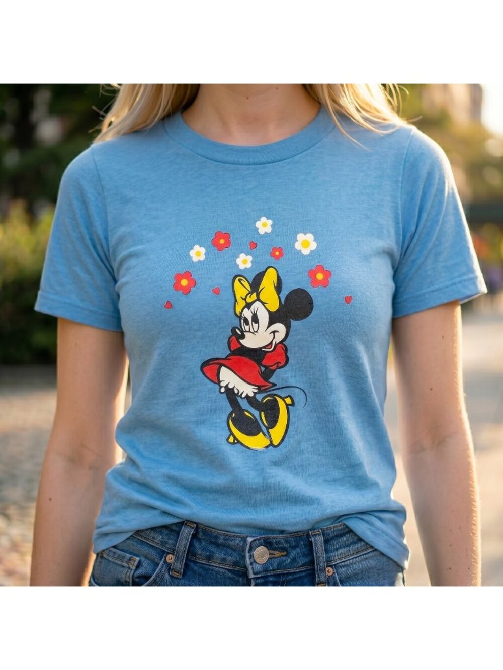 VTG Disney Minnie Mouse Blue Tshirt Baby Tee Womens XS Tagged Youth L USA Made